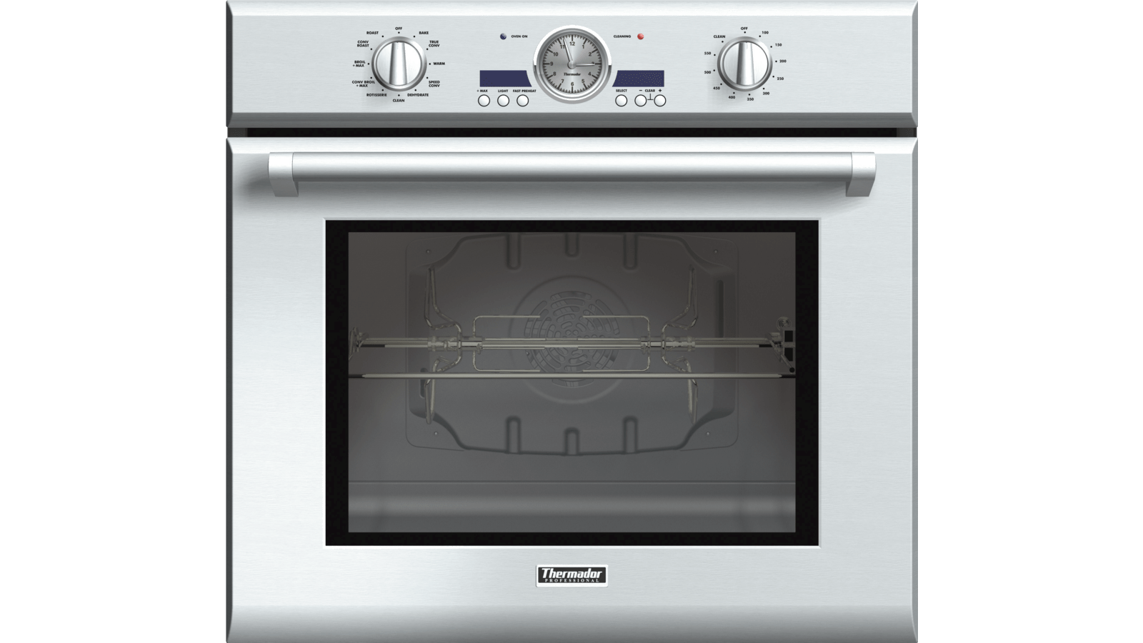 Stainless steel Thermador Professional built-in wall oven with analog dials ready for service